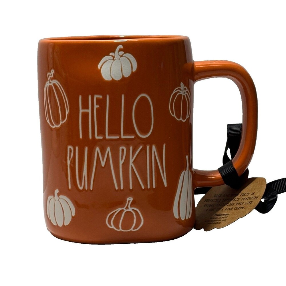 Rae Dunn Magenta HELLO PUMPKIN Fall Autumn Textured Ceramic Coffee Tea Mug